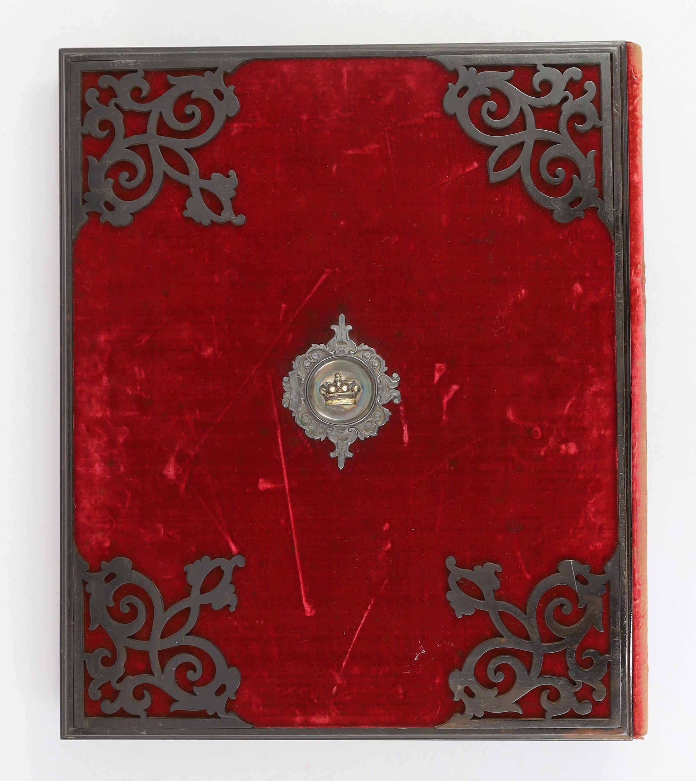 A Victorian silver, parcel gilt and ebony mounted velvet illuminated album, presented to the Right Honourable Lord Northwick in 1855